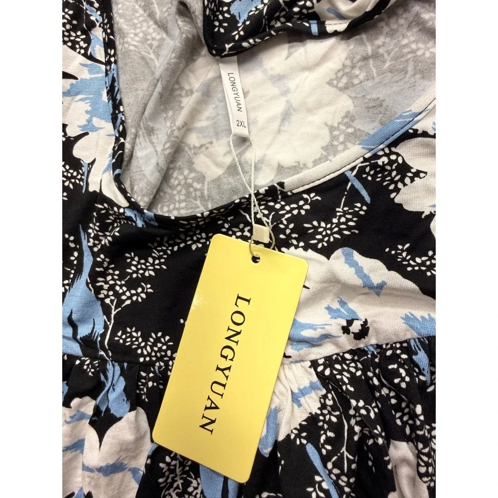 Longyuan Women 2XL Floral Tunic Top Long Sleeve Black Blue Empire Waist Blouse
